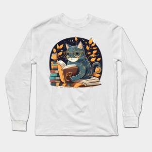 Funny Cat Coffee Reading Book , Catpuccino - Love Cats Long Sleeve T-Shirt